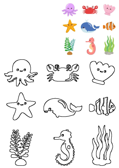 Illustration of various sea animals and fish, including an octopus, starfish, crab, whale, clownfish, sea horse, shell and seaweed.