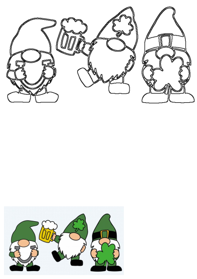 Image of three festive gnomes with green hats. One gnome is holding a beer mug and another a shamrock for St. Patrick's Day.