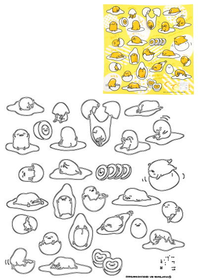 Image of cute Gudetama chicken stickers in various poses on a bright yellow background, a fun and playful design as described.