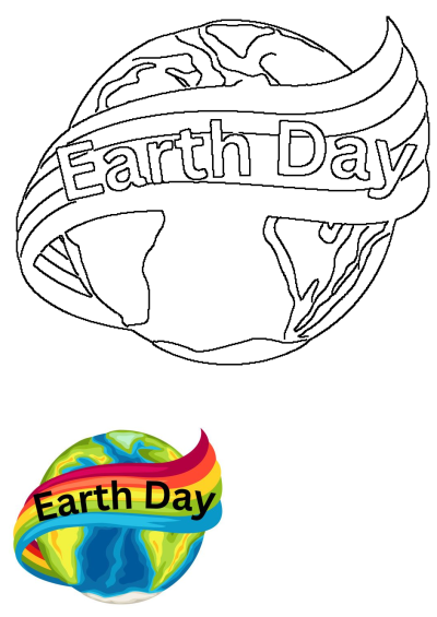 Earth Day logo featuring a globe illustration wrapped in rainbow colors. A colorful representation of Earth Day.