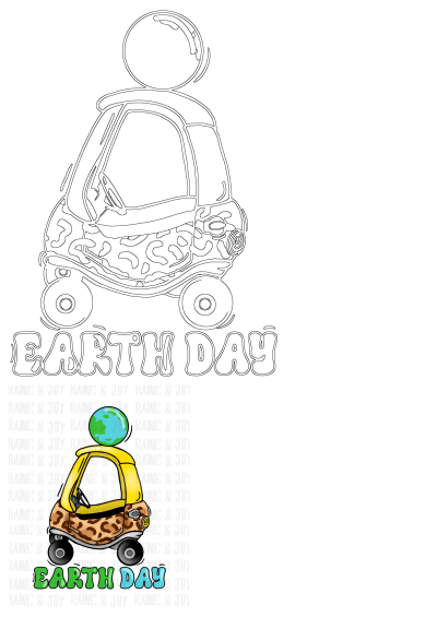 Cartoon car with the earth on top and the text 'Earth Day' in blue, yellow and green. Celebrate Earth Day with this fun cartoon.