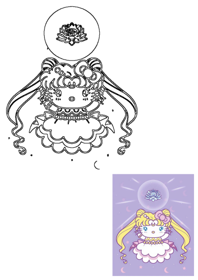 Cartoon of Hello Kitty dressed as Sailor Moon, a character with long blonde hair and a flower. She's sitting on the ground with a celestial background.