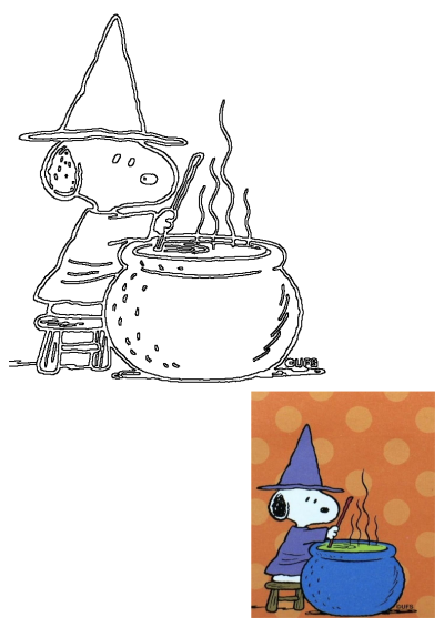 A cute Halloween image of Snoopy dressed as a witch, stirring a bubbly green brew in a blue cauldron on an orange polka dot background.