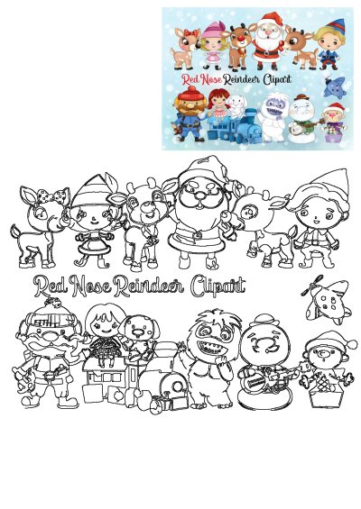 Red Nose Reindeer Christmas clipart set with Santa, elves, and reindeer in both colorful and outline versions for festive designs.