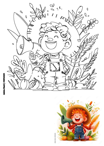 Illustration of a joyful little boy with orange hair and overalls holding a bullhorn. A cheerful scene with farm elements. 