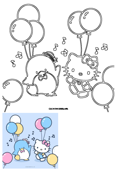 An adorable image featuring Hello Kitty and a penguin holding colorful balloons, surrounded by musical notes. Alt: an image of hello kitty and penguin with balloons