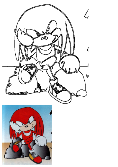 Image of Knuckles the Echidna, a cartoon character with red hair, sitting on rocks. Comic book art style illustration.