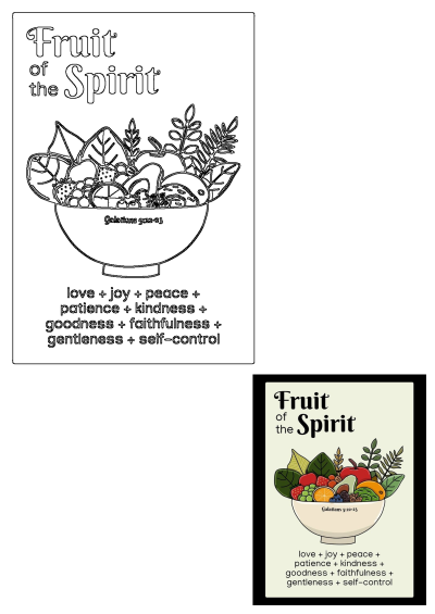 Fruit of the Spirit bowl from Galatians 5:22-23, featuring love, joy, peace, patience, kindness, goodness, faithfulness, gentleness, and self-control.