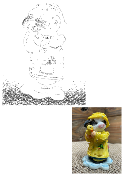 Vintage Mary Moo Moos APRIL "I'm so Lucky You're My Lucky Ducky" 1996 figurine. Cow in yellow raincoat holding a ducky with a frog.