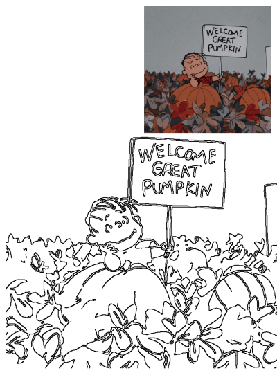 Linus from Peanuts patiently waits in the pumpkin patch, holding a sign that reads 'Welcome Great Pumpkin' in this charming Halloween scene.