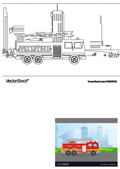 A cartoon style illustration of a red fire truck on the road with a cityscape and skyscrapers. Vector Image.