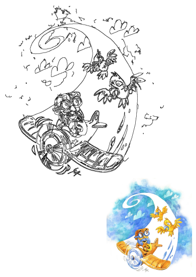 Cartoon image of an aviator flying a plane in the sky with two birds flying alongside. Whimsical illustration with a playful theme, watercolor style.