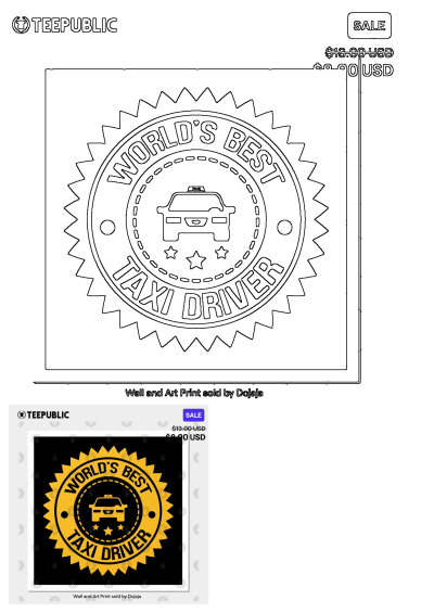 World's best taxi driver sticker in black and yellow with stars. Features a taxi and 'World's Best Taxi Driver' text inside a starburst design.