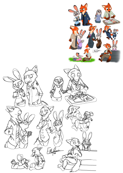 Zootopia fan art compilation with Nick Wilde and Judy Hopps. Features them in police and casual attire, some scenes with a baby or mouse.