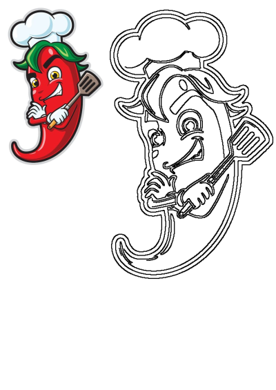 Cartoon red hot pepper character wearing a chef hat and holding a spatula. This spicy chef is ready to cook up something delicious!
