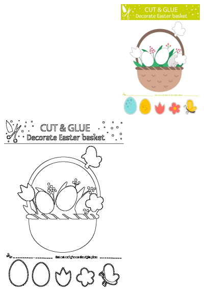 Easter basket cut and glue pattern activity for kids. Features a basket, eggs, flowers, and butterfly shapes to cut and glue in place.