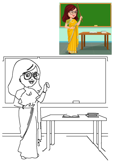 Cartoon illustration of a teacher in a saree holding a pointer in front of a blackboard, ready to teach. Image shows a woman holding an umbrella.