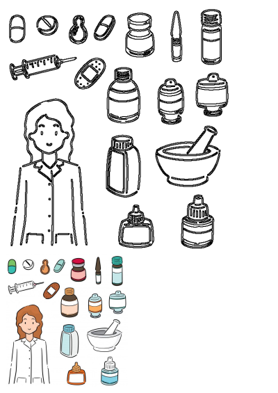 Illustration of a woman standing in front of various cartoon medical and beauty products on a white background. 