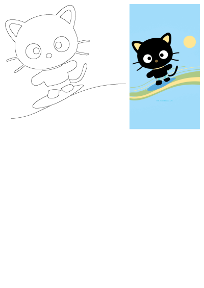 Cartoon image of a black cat with big eyes joyfully riding a surfboard under the sun. A fun illustration with Sanrio character.