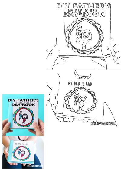 The Father's Day book being held up features a child's drawing of a family, with the title 'My Dad is Rad'. It's a handmade gift.