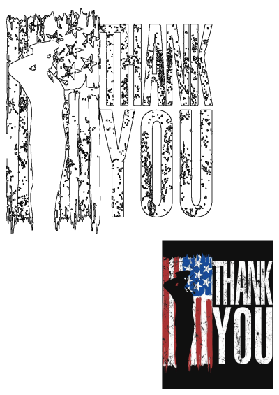 Patriotic soldier saluting against a distressed American flag background with a prominent 'THANK YOU' message, honoring service.