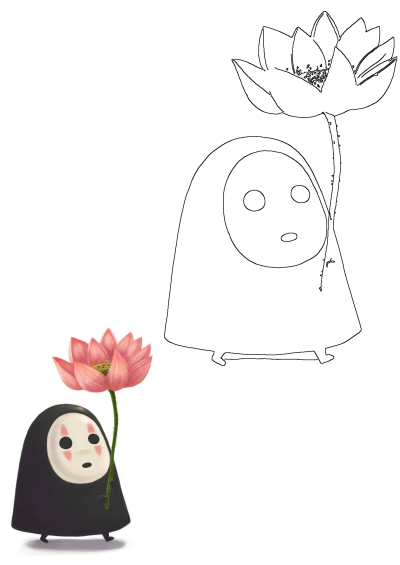 Cartoon of No-Face from Spirited Away, a character with a black mask, holding a delicate pink flower. A charming illustration.