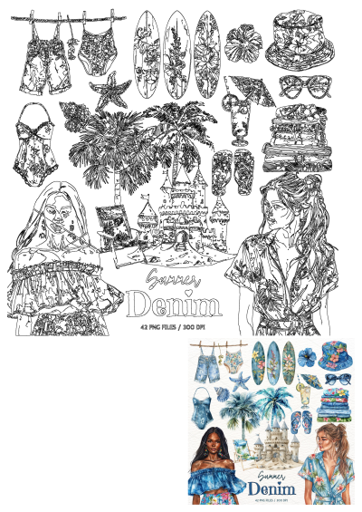 Summer Denim illustration: Denim clothes, beach scene, models, watercolor denim fashion items. Perfect for beach theme projects, all in blue.