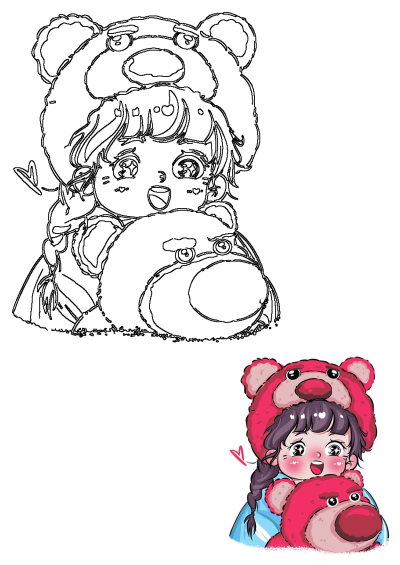 A delightful cartoon of a young girl wearing a playful Lotso bear hat, capturing her joyful expression with pink hearts.
