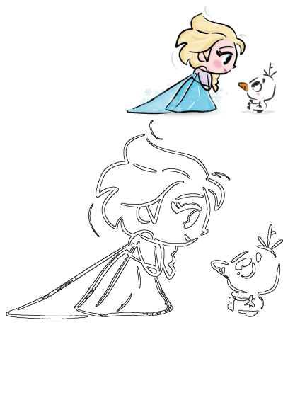 Adorable cartoon drawing of Elsa from Frozen looking at Olaf the snowman with a sweet expression, cute illustration for kids