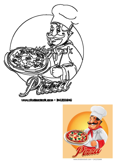 Cartoon image of a chef holding a pizza on a plate with the word pizza written in red lettering. Delicious pizza made by Italian chef.