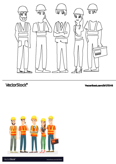 Illustration of construction worker team. There are men and woman smiling and posing with toolbox. 
