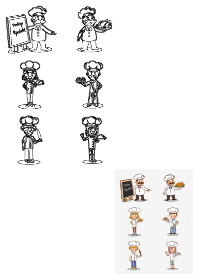 Cartoon image of four chefs holding food items. PNG and PSD formats available. Perfect for illustrating culinary or restaurant themes.