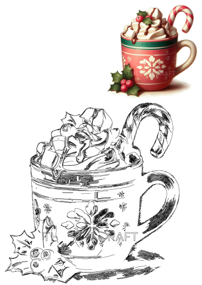 Festive Christmas hot cocoa mug art with whipped cream, candy cane, and holly, presented with its black and white line art.