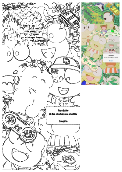 Cartoon collage featuring Keroppi and other vintage elements like a soccer ball, old phone, quote, and a reminder to breathe. It is cartoon characters on a phone.