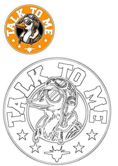 An image of a duck wearing goggles and a pilot's jacket, with the words 'Talk to me'. Perfect for stickers or designs featuring quirky animal pilots.