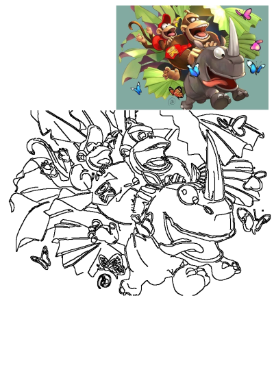 Cartoon image shows Donkey Kong and Diddy Kong riding Rambi the rhino amidst leaves and butterflies, alt: cartoon characters riding on the back of an animal in front of butterflies and leaves with butterfly wings