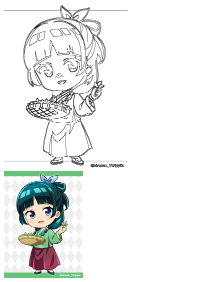 An anime character with blue hair holding a basket filled with green leaves. She's wearing a traditional Korean Hanbok in a chibi style. Cute and vibrant!