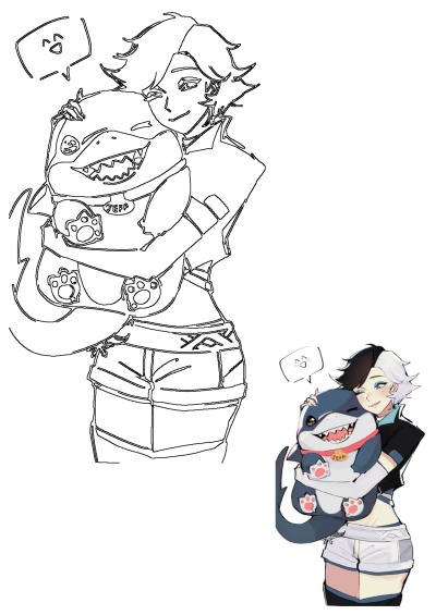 Luna Snow, hugging a cute plush shark named Jeff with a smile. This fan art is perfect for Luna Snow's fans! 