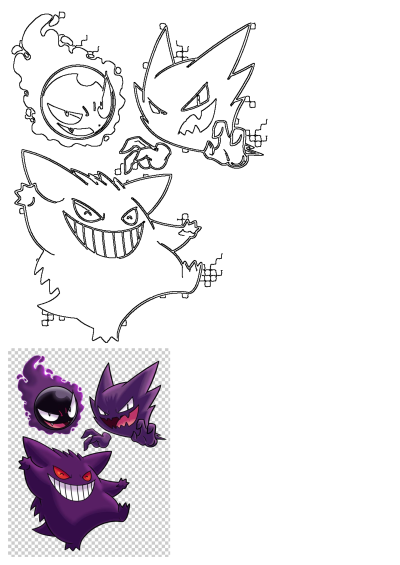 Image of two purple Pokemons with red eyes and fangs on their faces, one is smiling,the evolutions of Ghastly, Haunter and Gengar. 