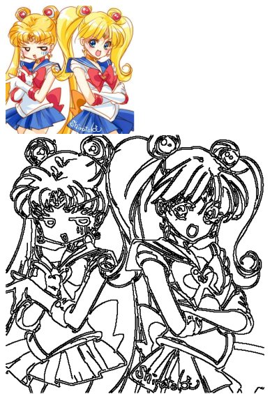 Cute anime art featuring two Sailor Moon characters with blonde hair in their iconic sailor outfits and unique expressions.