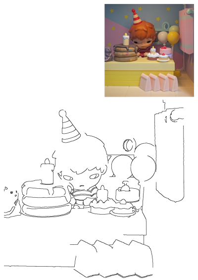 A figurine birthday party scene with a sad birthday boy, pancake and cake candles, balloons, and goodie bags, on a yellow table.