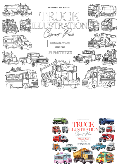 Truck illustrations with different types of trucks on its back side, featuring food trucks, vintage pickups, and emergency vehicles.