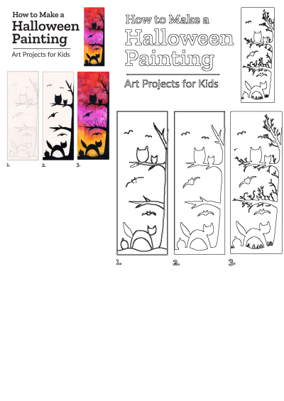 the cover of how to make a halloween painting art projects for kids, featuring cats and bats