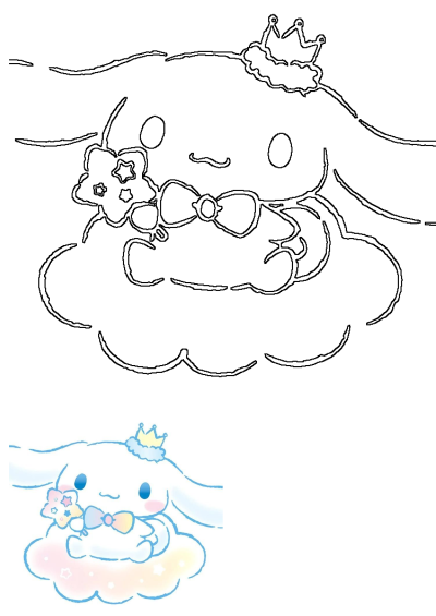 Cartoon bunny with a crown on its head holding a flower shaped teddy bear while floating in the clouds. Kawaii illustration.