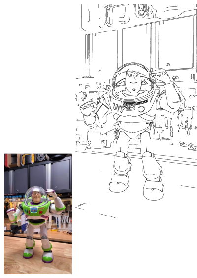 Buzz Lightyear action figure from Toy Story with a clear bubble helmet and green and white space suit posing in a workshop. 