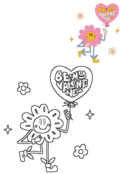 A cheerful pink flower character holds a heart-shaped balloon with 'Be My Valentine' written on it, perfect for Valentine's Day greetings.