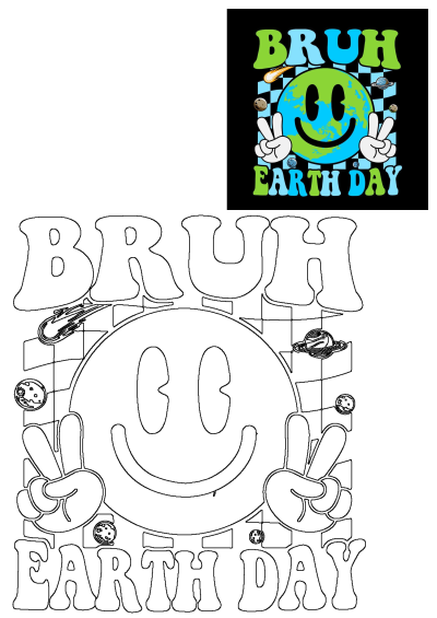 Retro 'Bruh Earth Day' design featuring a smiling Earth, peace signs, planets, and a checkerboard background for Earth Day celebrations.