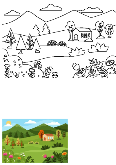 Illustration of a cozy house nestled in a vibrant green field with colorful flowers, trees, and mountains in the background under a sunny sky.