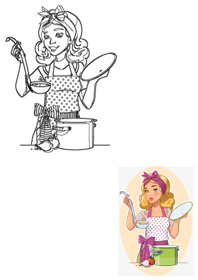 Cartoon of a woman in an apron cooking food, holding a ladle with soup and a pot lid, beside a green pot, tomato and onion.