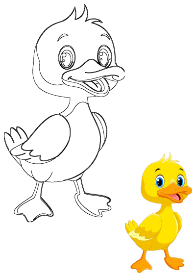 cartoon yellow duckling with big eyes and large beak, standing on one leg in front of